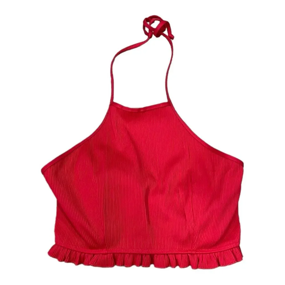 Freya Red Ribbed High Neck Ruffle Bikini Top - Picture 2 of 5